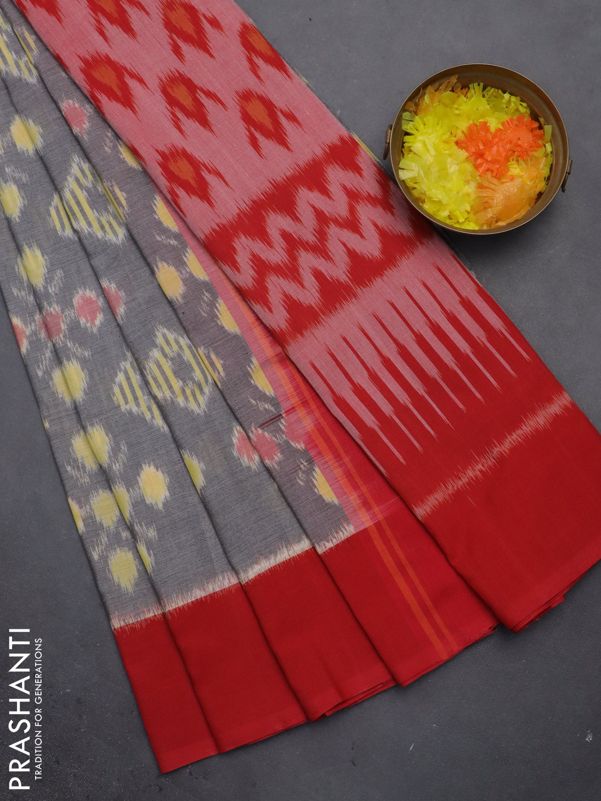 Ikat cotton saree grey and red with allover ikat butta weaves and simple border