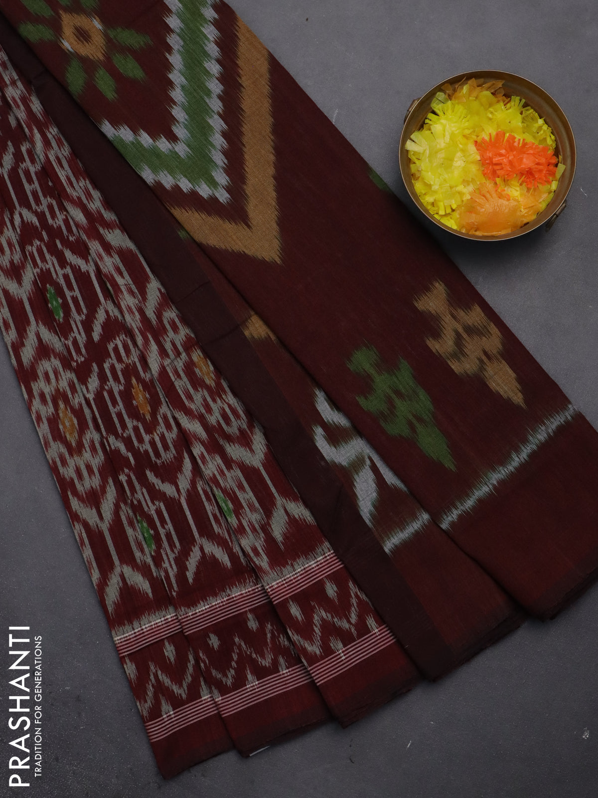 Ikat cotton saree maroon grey with allover ikat weaves and ikat style border