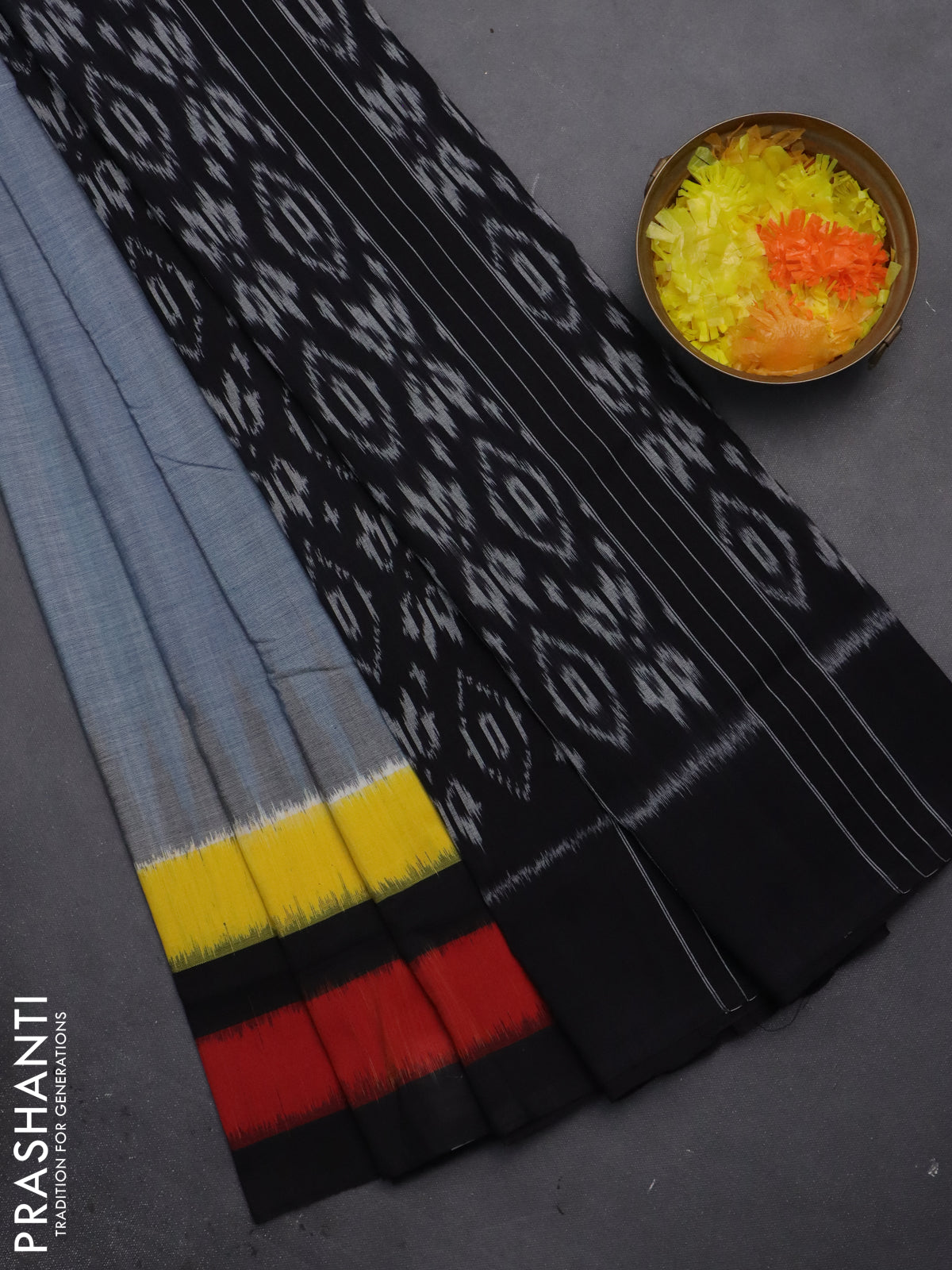 Ikat cotton saree grey and tri colour with plain body and simple border