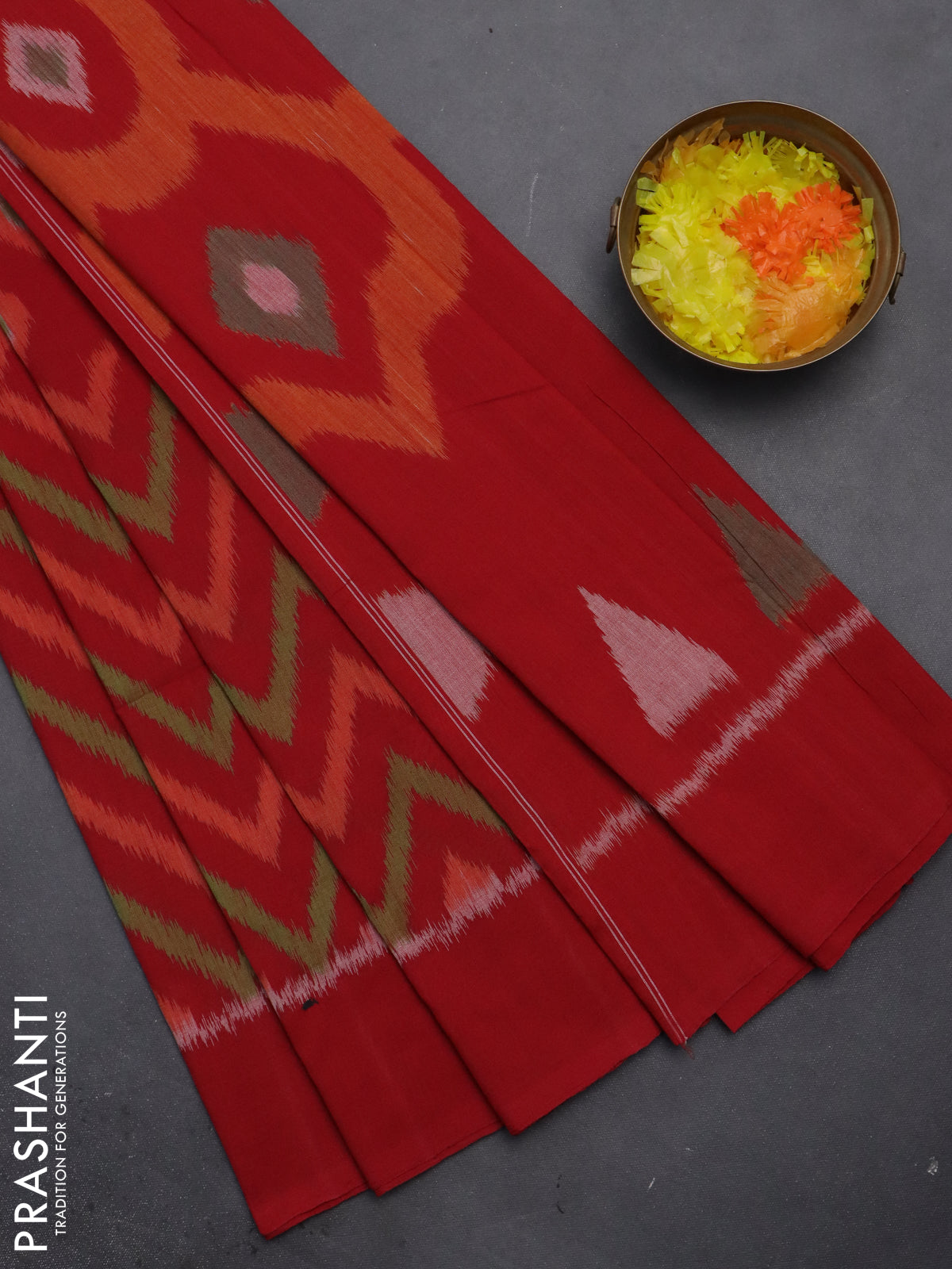 Ikat cotton saree maroon and cream with allover ikat butta weaves and simple border