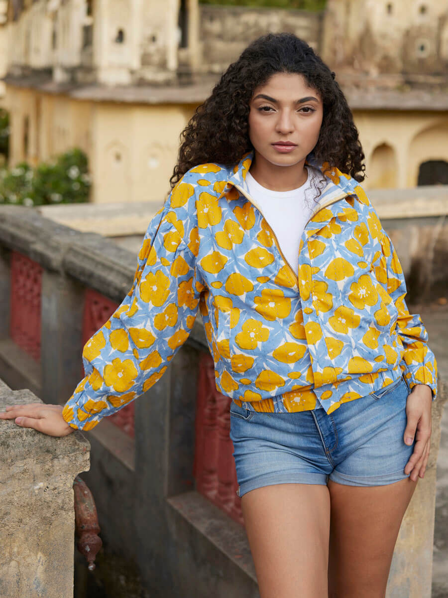 Euphoria Kantha Embroidered Block Printed Bomber Jacket