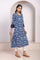 Blue Block Print Mirror Work Straight Cotton Kurta
