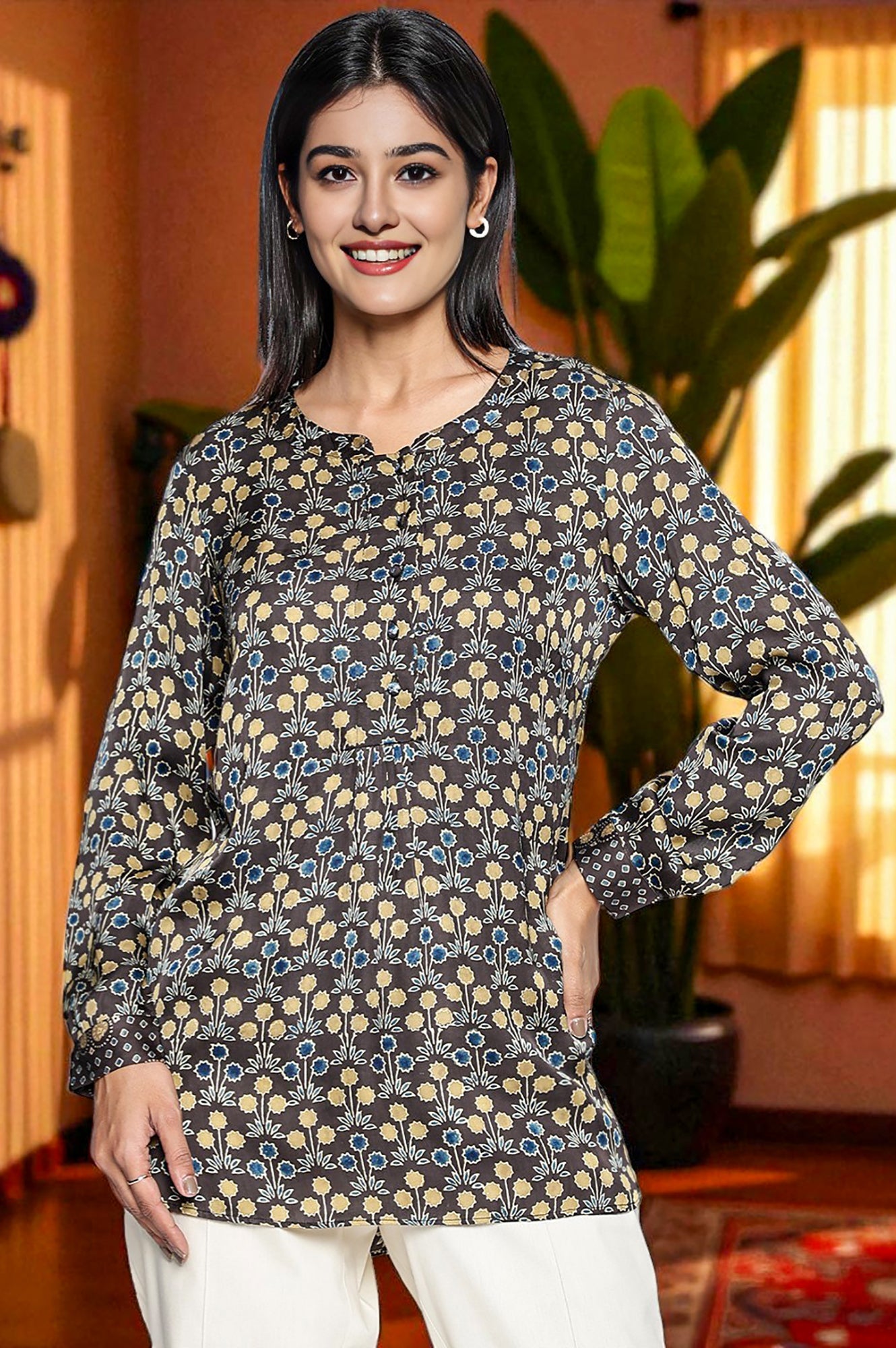 Black Printed Modal Satin Straight Top