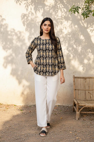 Black Floral Print A-Line Cotton Top