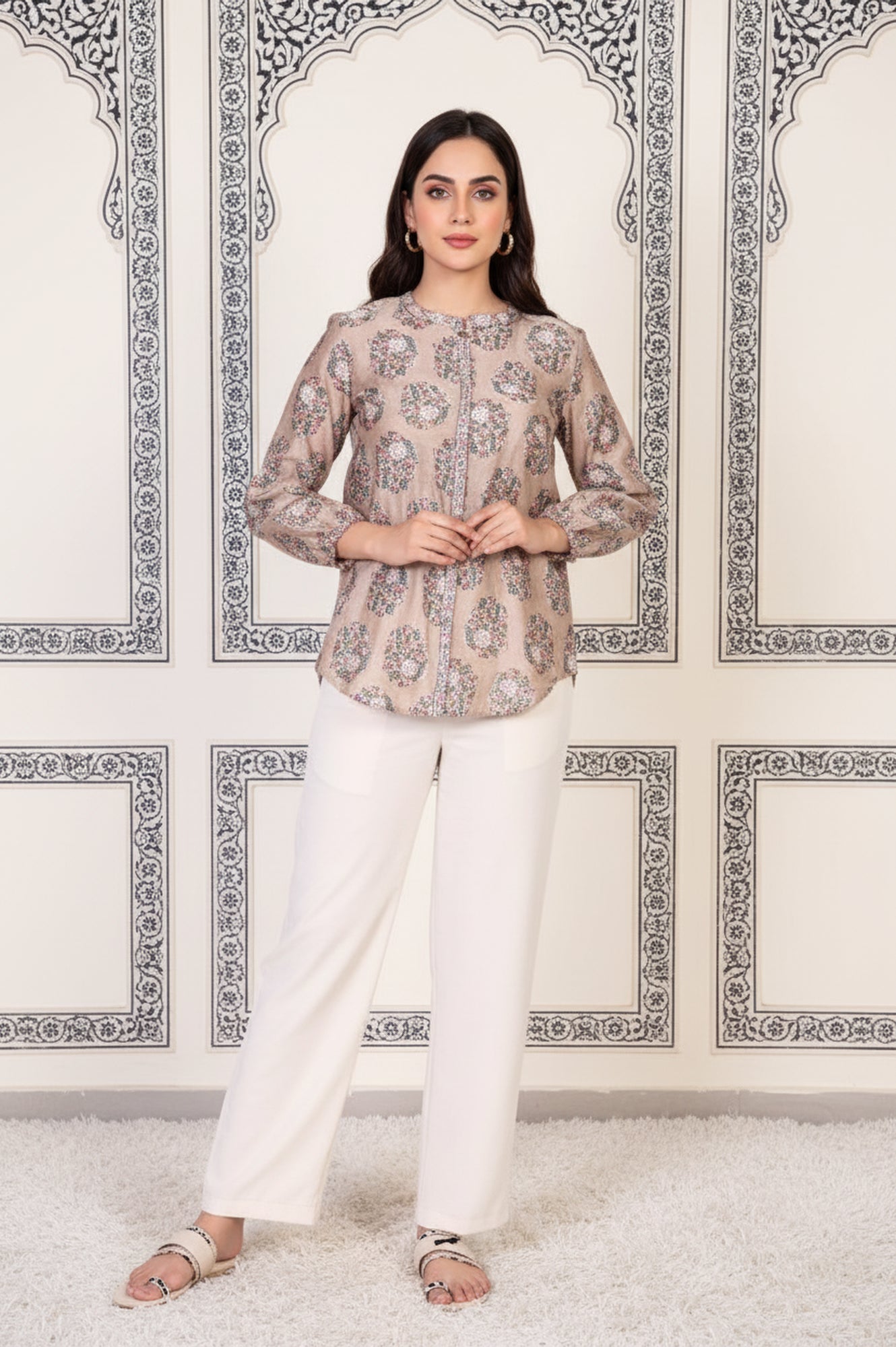 Beige Floral Printed Straight Cotton Top
