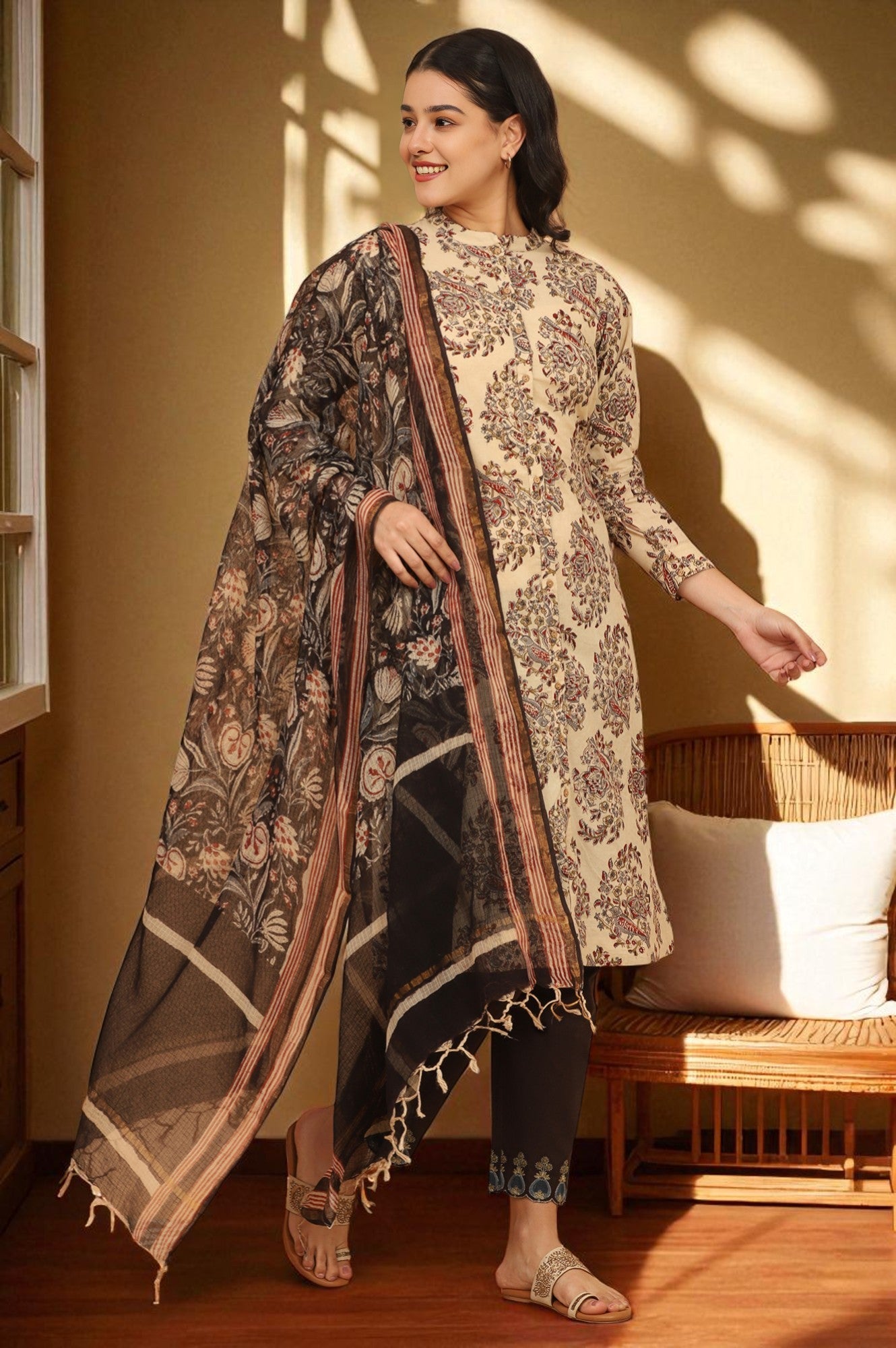 Black Handblock Printed Dupatta in Kota Doriya