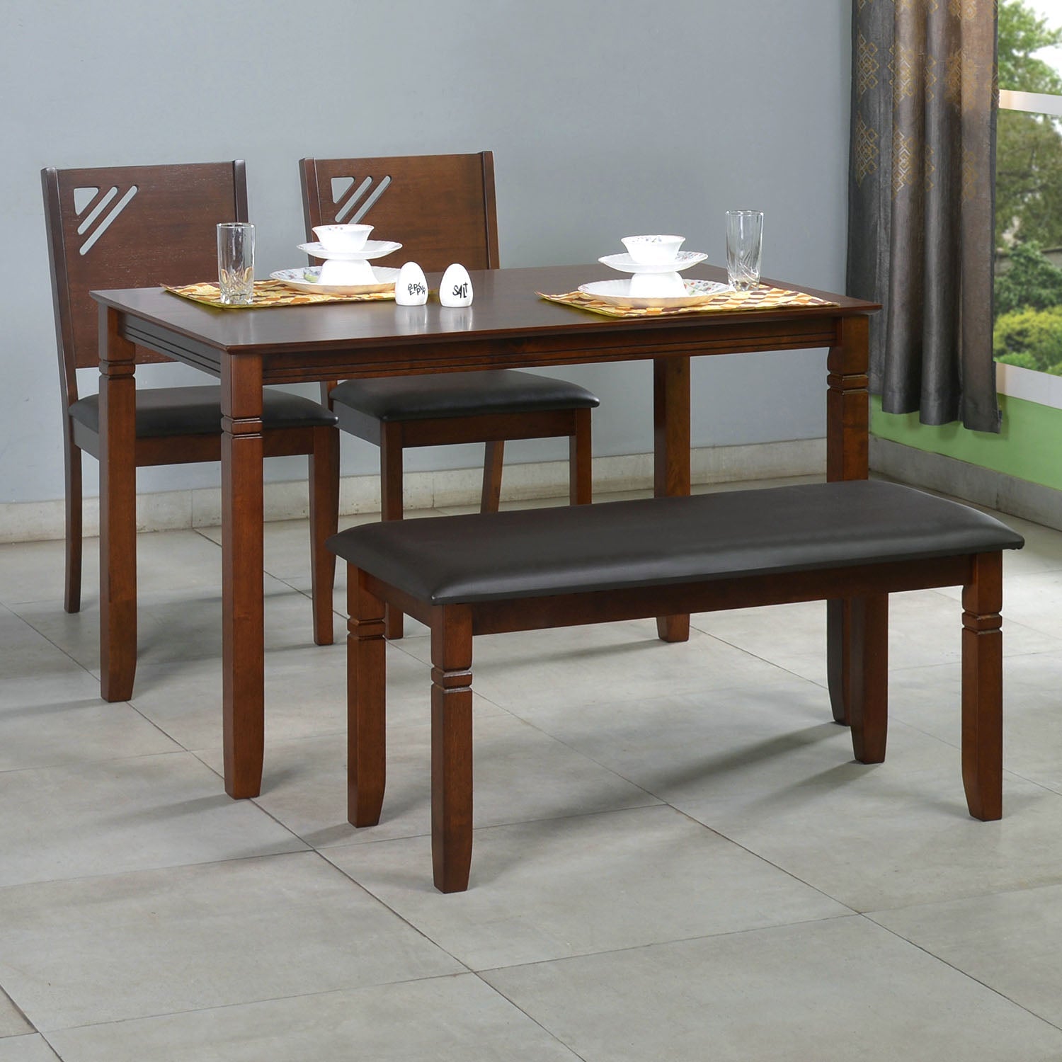 Floret 1 + 2 + Bench Dining Set (Walnut)
