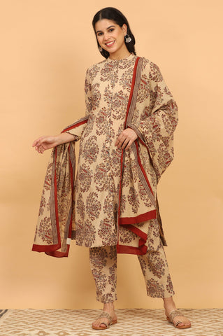 Beige Kalamkari Printed Kurta, Straight Pants and Dupatta Set
