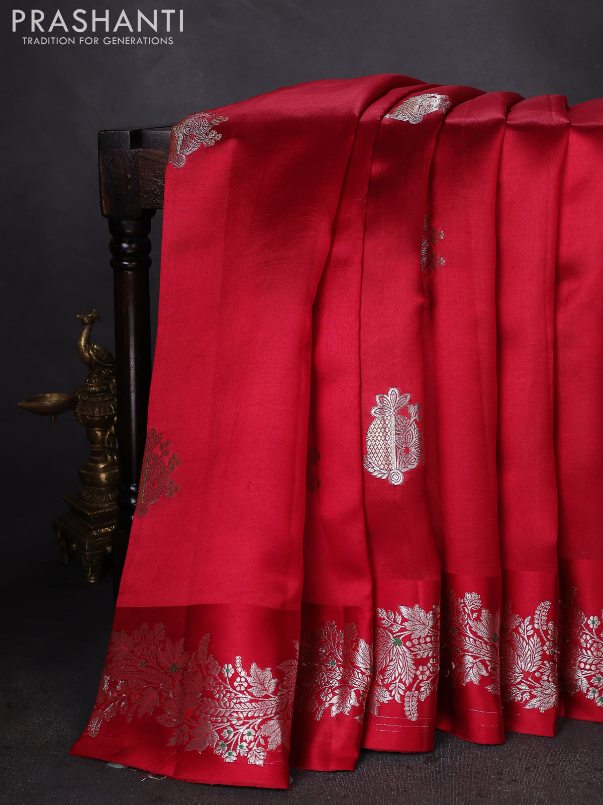 Banarasi poona silk saree red with silver zari woven buttas and silver zari woven border