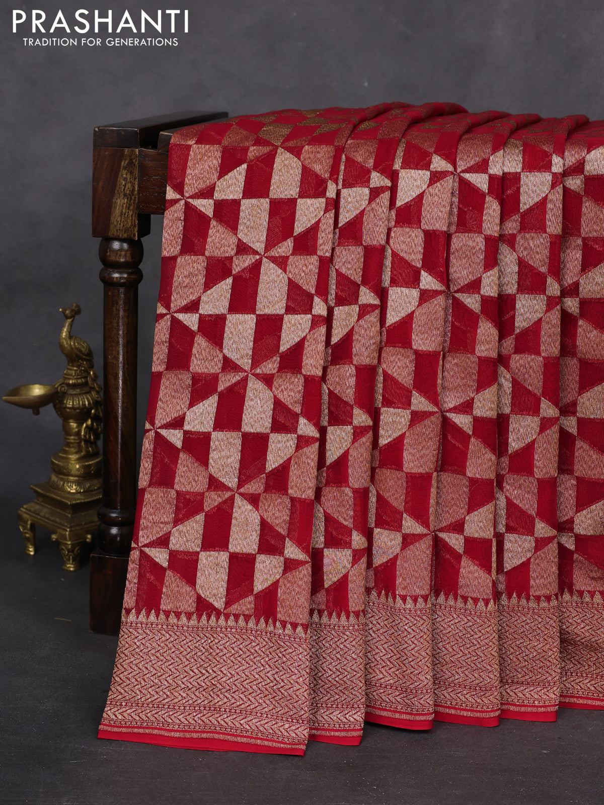 Banarasi georgette saree red with allover geometric weaves and woven border