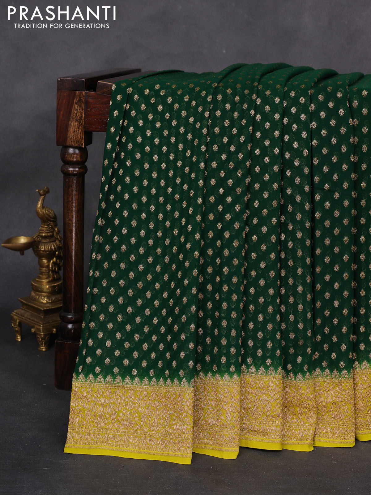 Banarasi georgette saree green and lime green with allover woven buttas and woven border