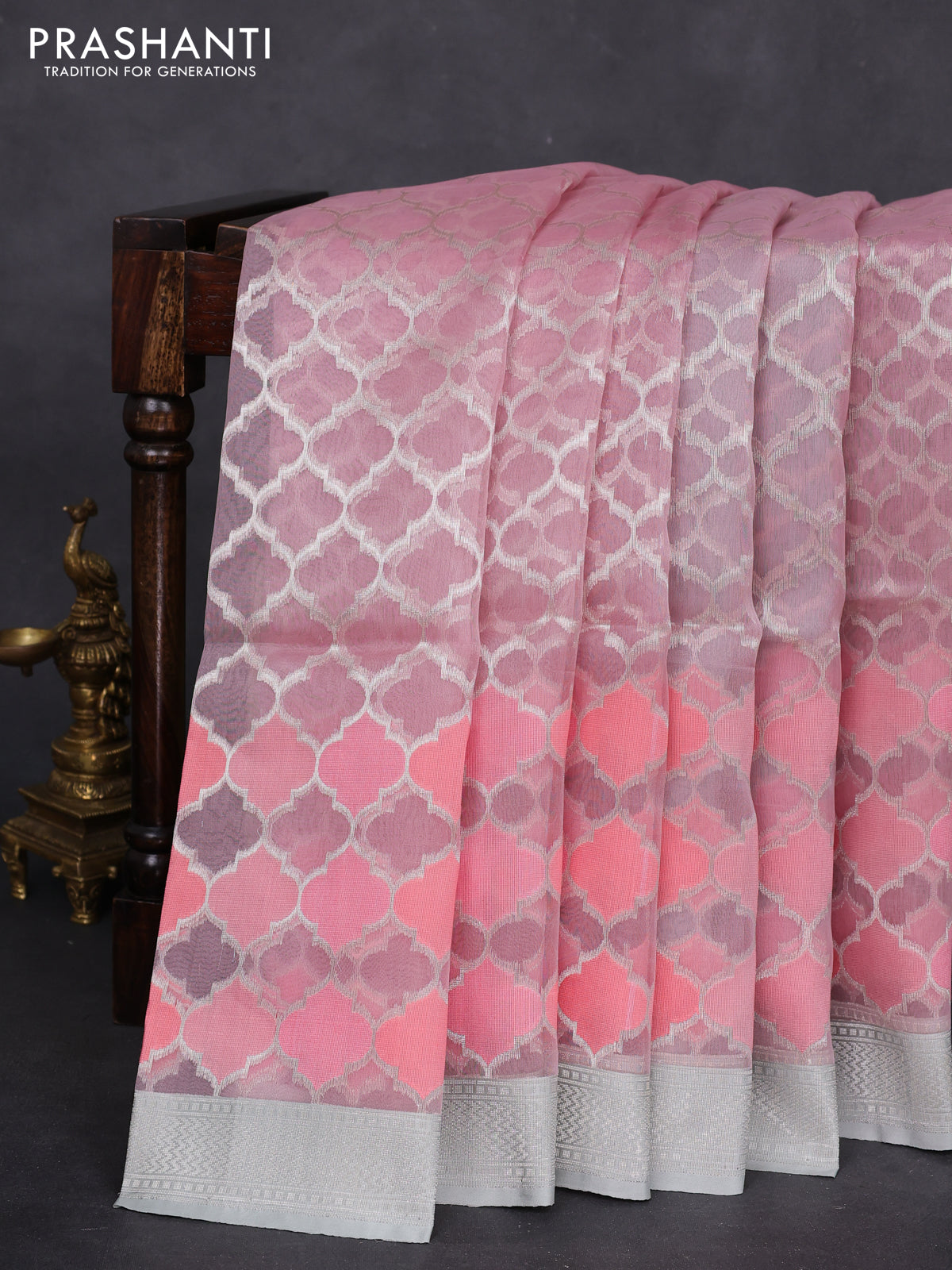 baby pink and teal blue Banarasi kora jamdhani silk saree