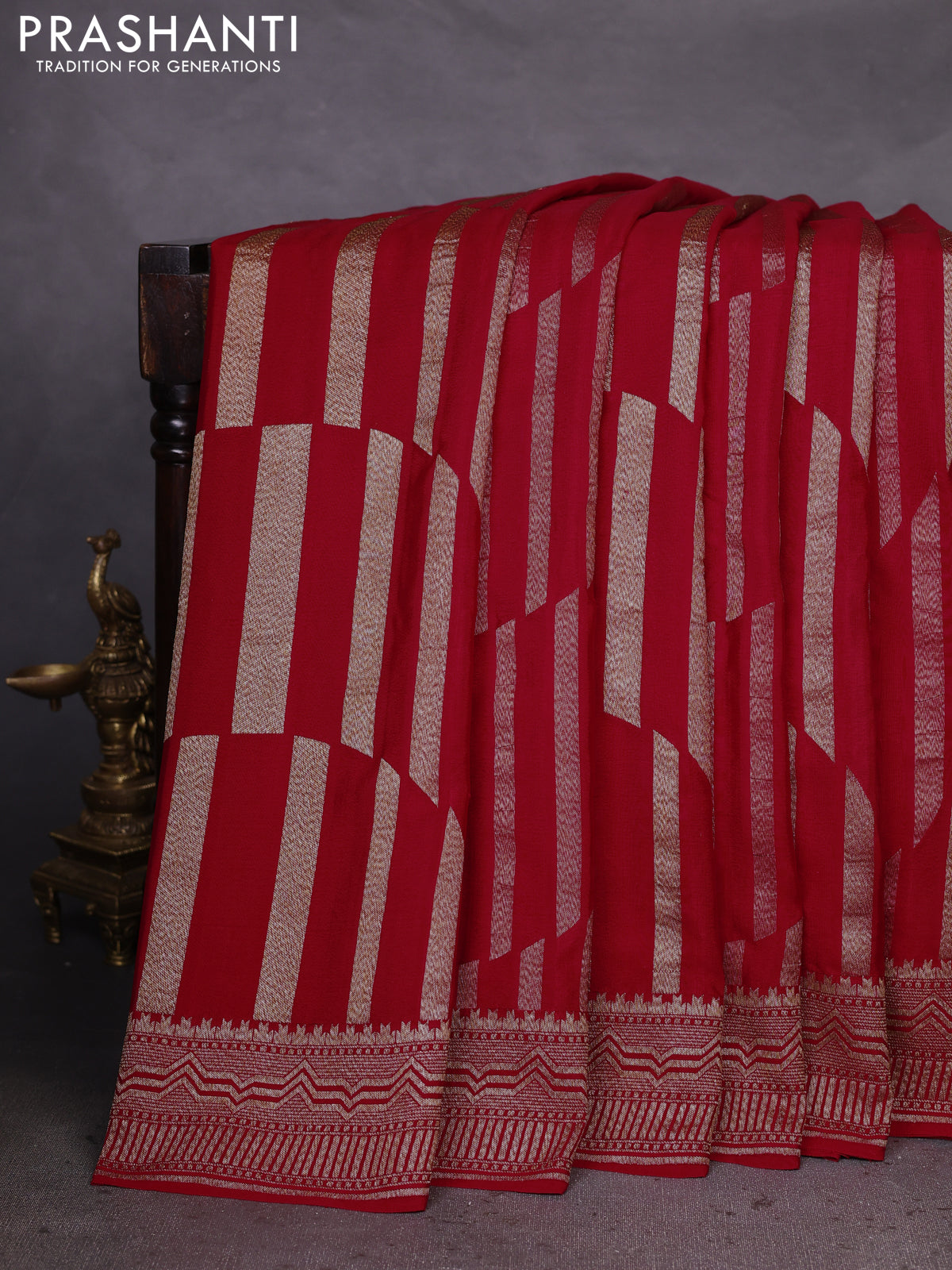 Banarasi crepe saree red with allover geometric weaves and woven border