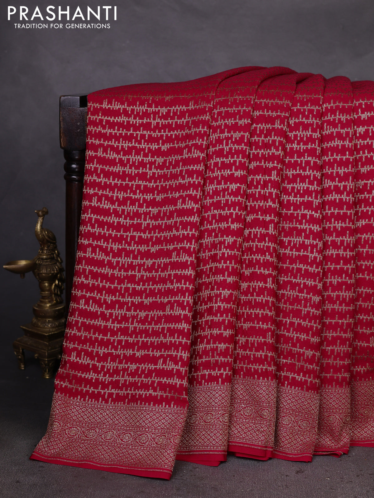 Banarasi crepe saree red with allover geometric weaves and woven border