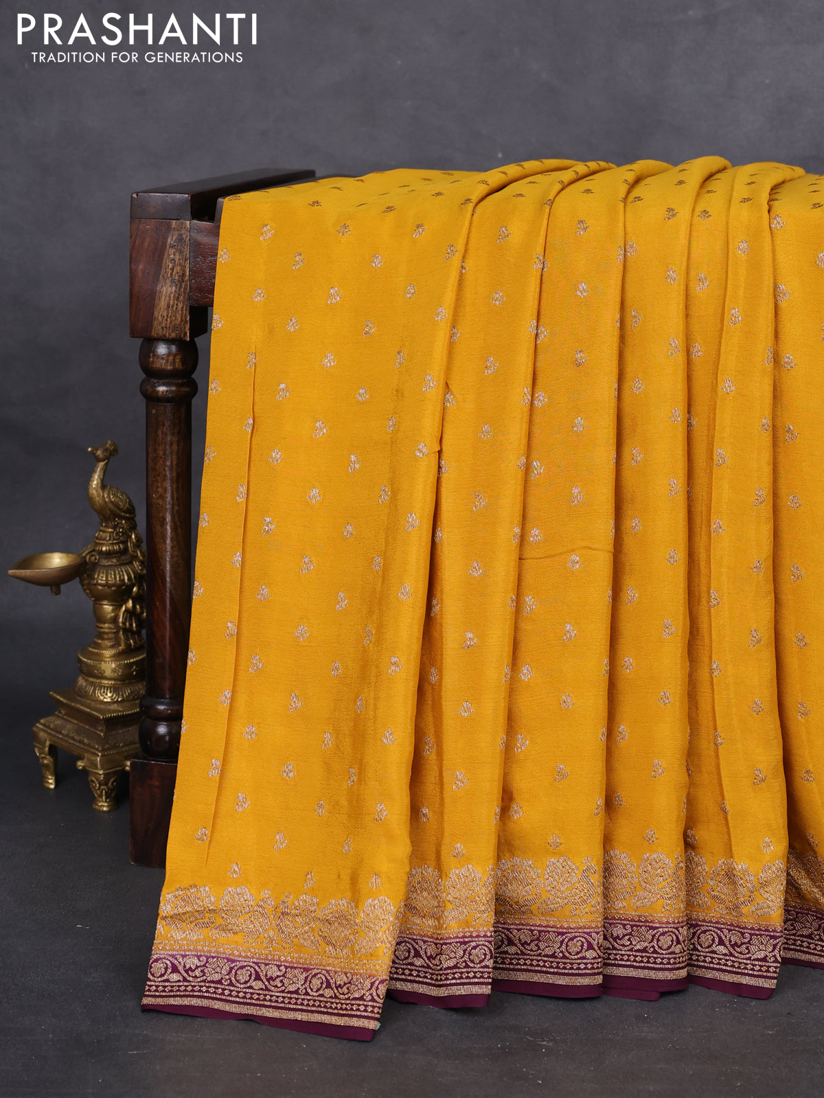 Banarasi crepe saree mustard yellow and wine shade with woven buttas and woven border