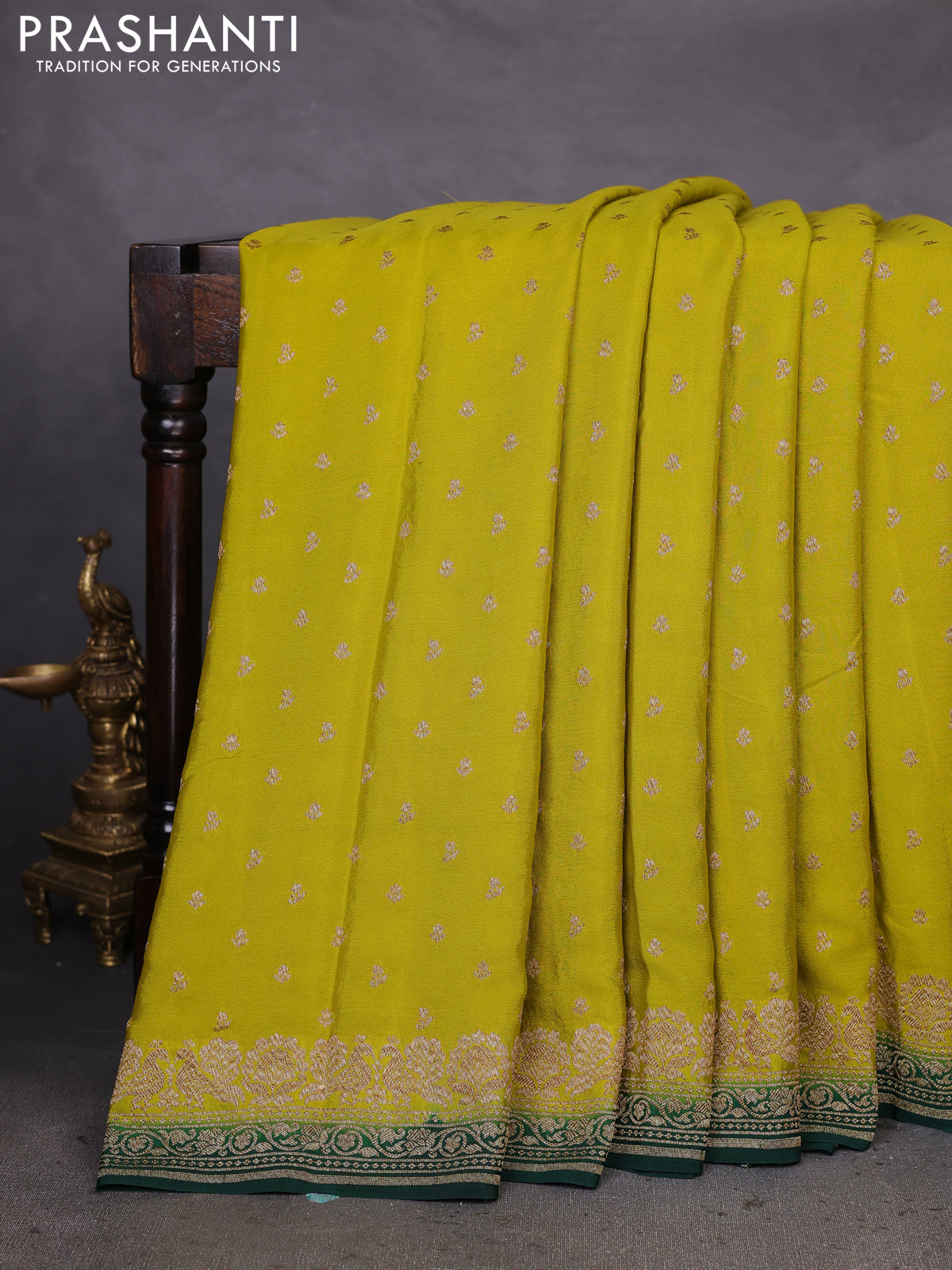 Banarasi crepe saree lime yellow and green with woven buttas and woven border