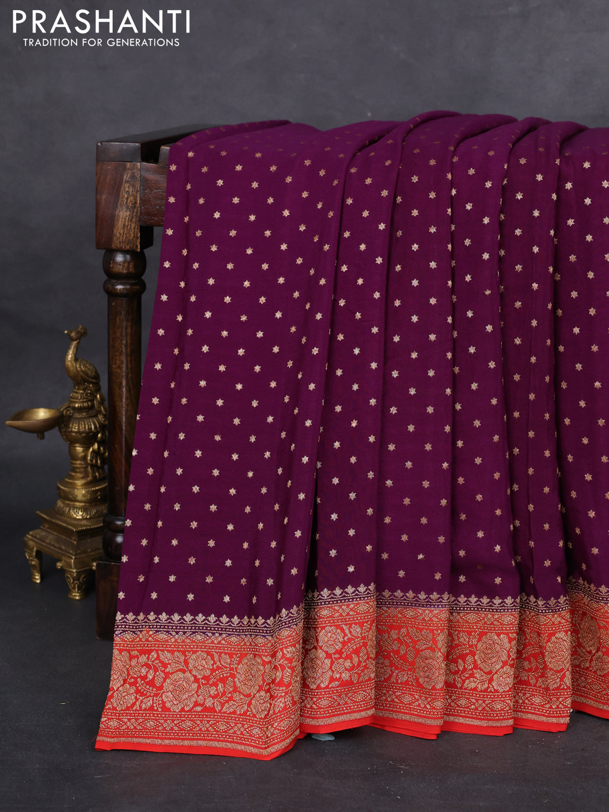 Banarasi crepe saree purple and red with woven buttas and woven border