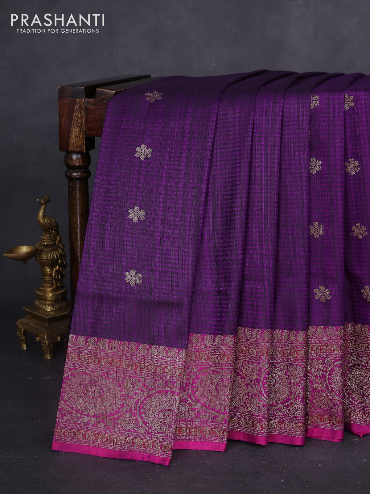 Banarasi dupion silk saree violet and purple with thread & zari woven buttas and woven border