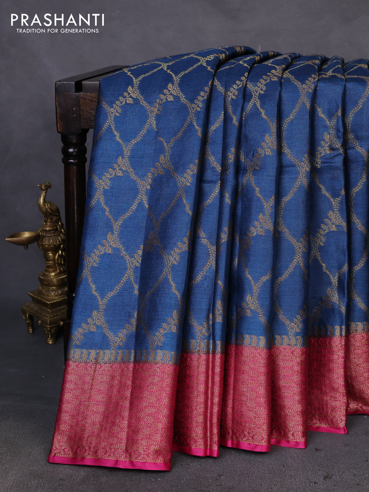 Banarasi tussar silk saree peacock blue and pink with allover thread & zari woven buttas and woven border
