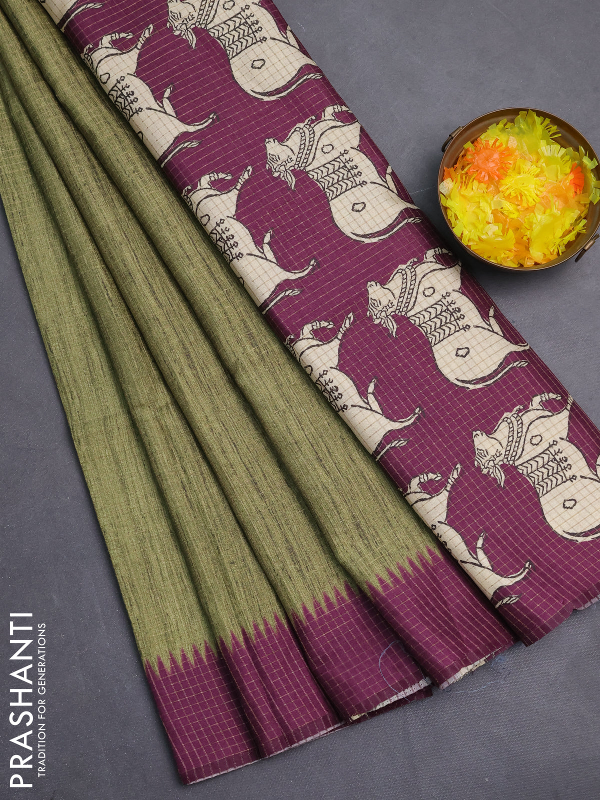 Chappa saree mehendi green and purple with allover zari checked pattern and printed pallu