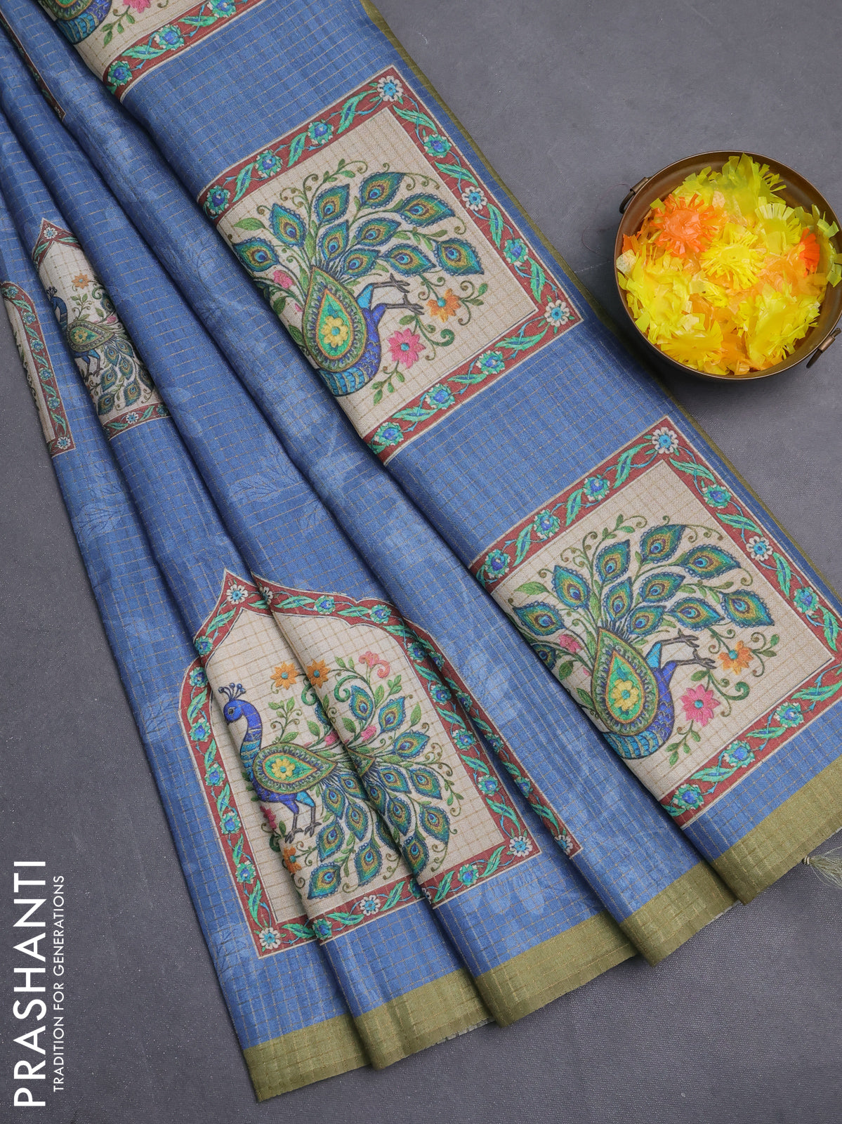 Chappa saree blue shade and mehendi green with allover zari checked pattern & digital prints and printed pallu