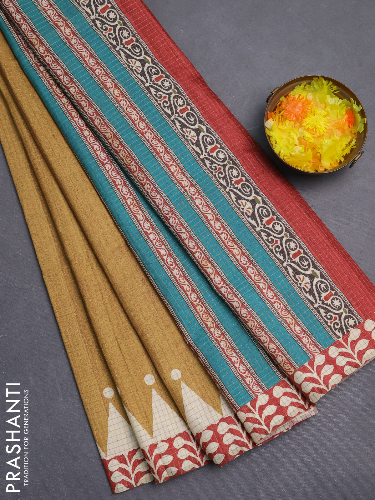 Chappa saree dark mustard and maroon with allover zari checked pattern and printed pallu