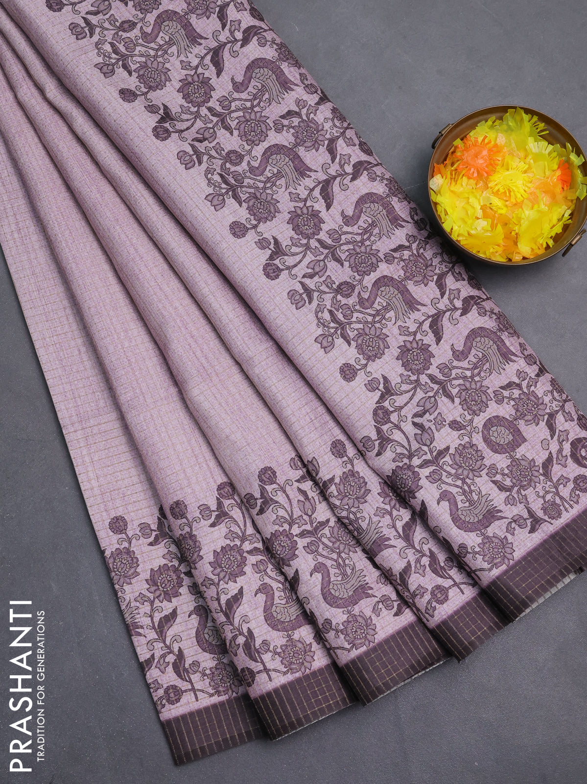 Chappa saree pastel pink and deep wine shade with allover zari checked pattern and printed pallu