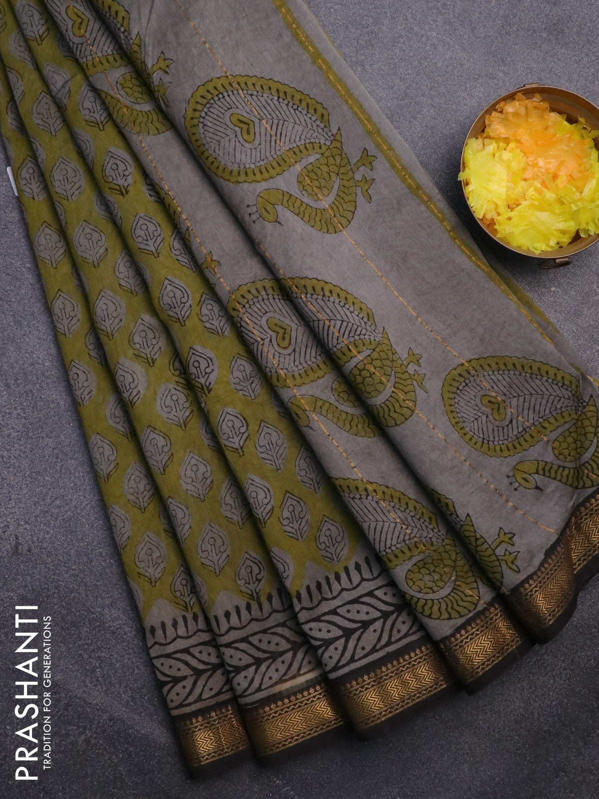 Chanderi bagru saree sap green and black with allover butta prints and maheshwari border