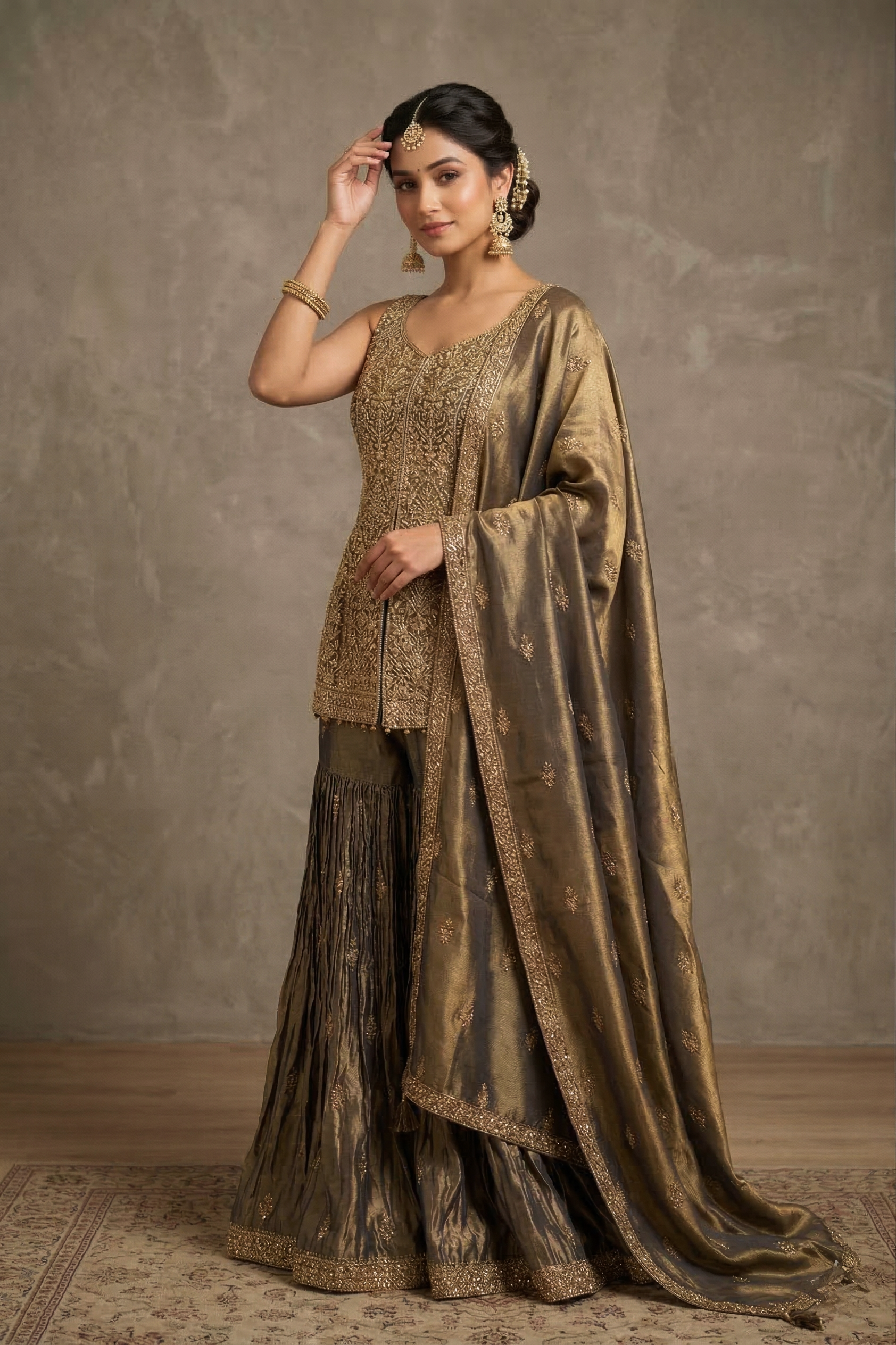 Dark Earthy Green Tissue Silk Embroidered Sharara Set
