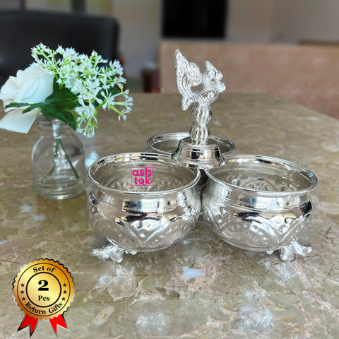 German Silver Chopala Gift Item Set Of 3 Bowls Attached (Pack of 2 Pcs)