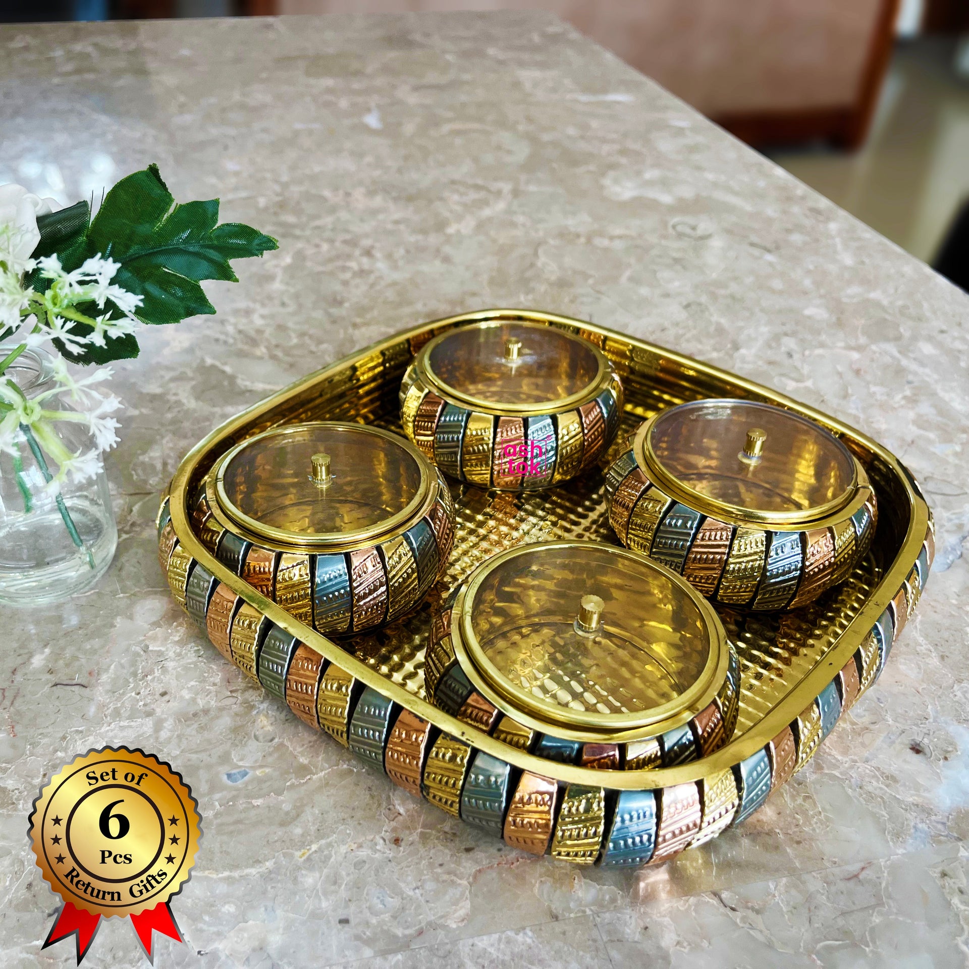 Gift Bowls Tray, Brass Gift item, Dry Fruit Tray with 4 Boxes, Ideal for tableware