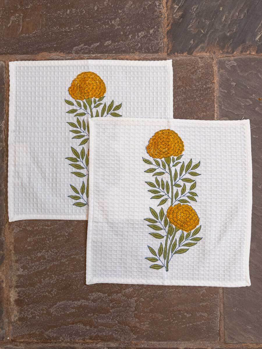 Set of 2 - Golden Bloom Block Printed Face Towels