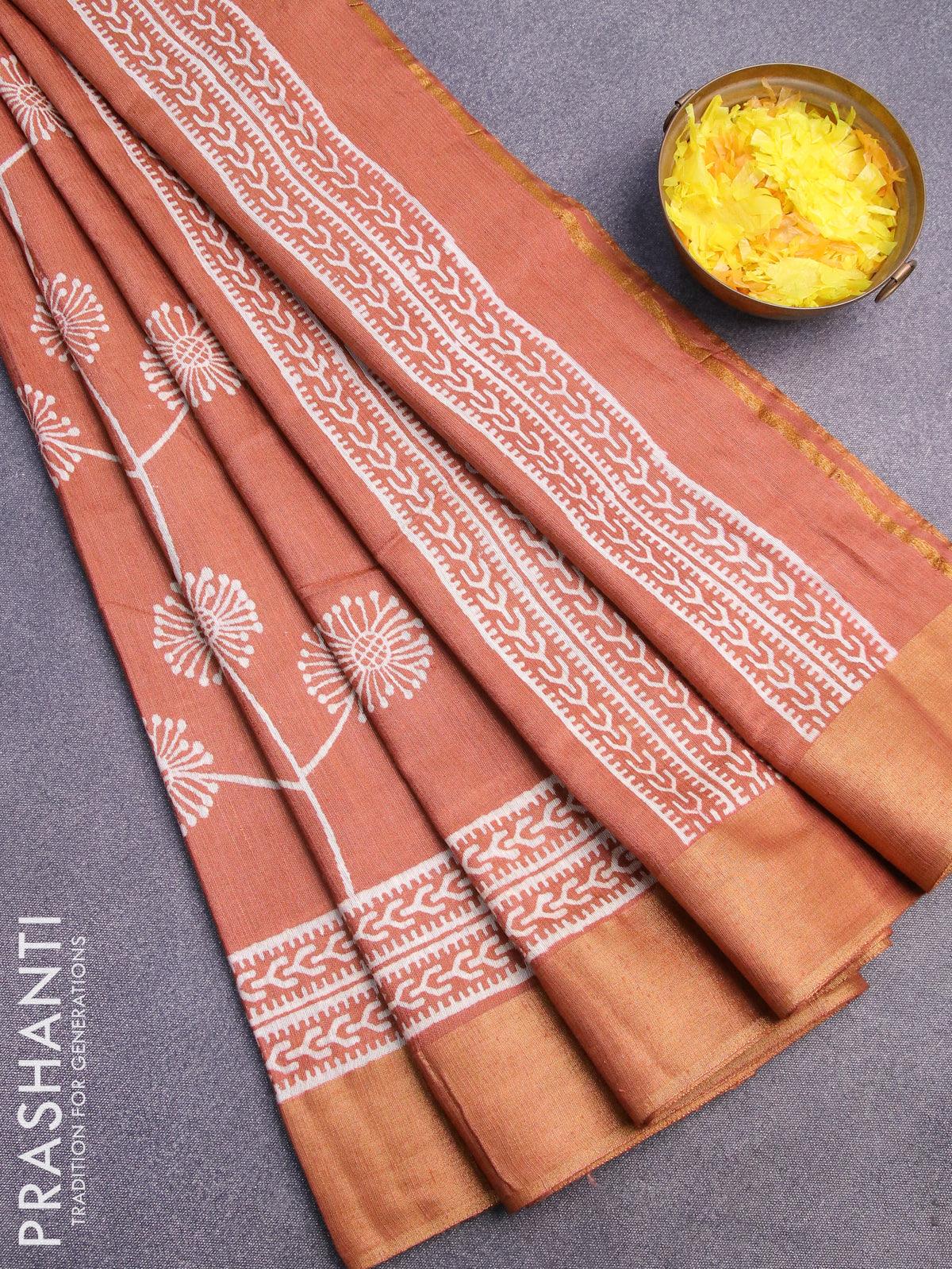 Bhagalpuri saree rust shade with butta prints and zari woven border