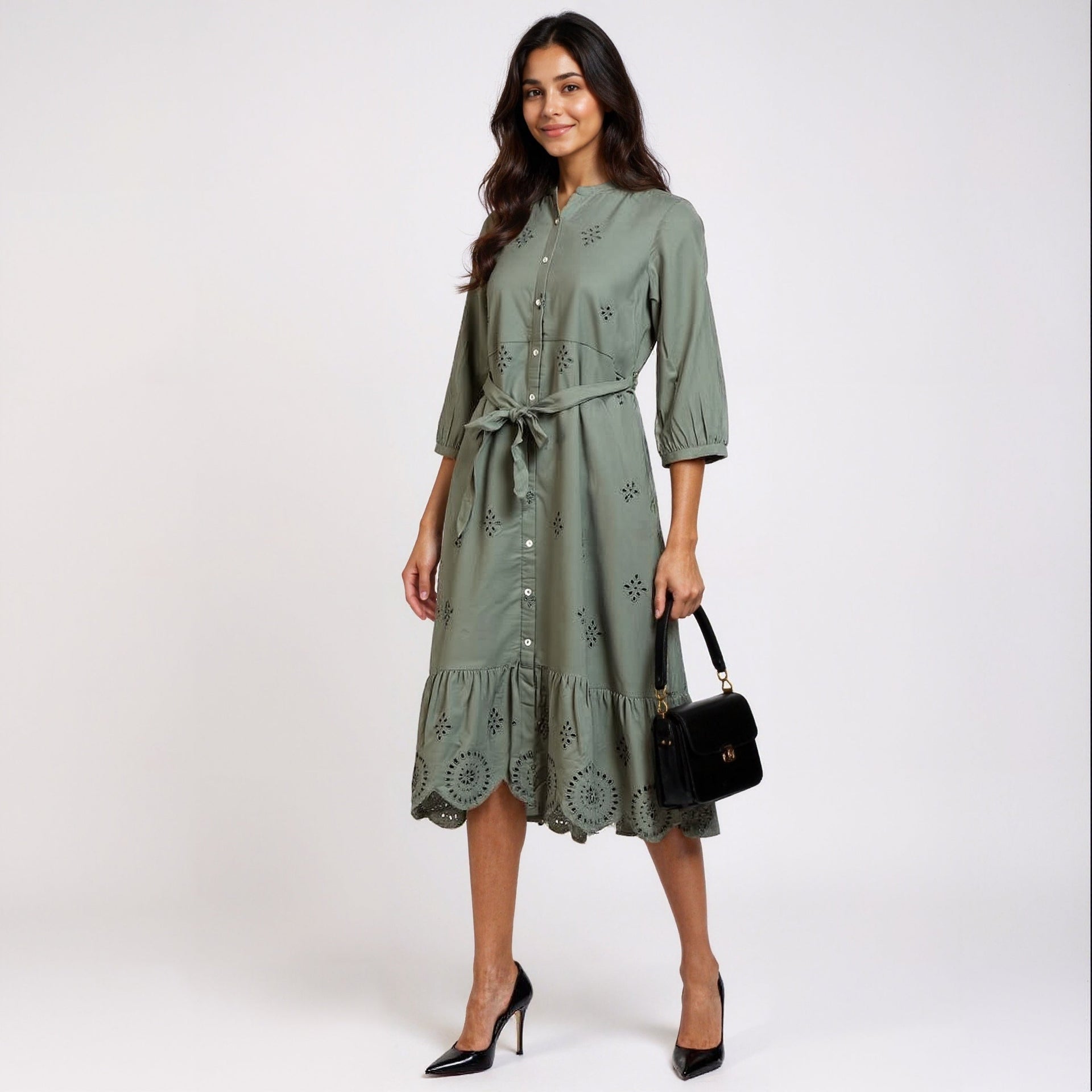 Button Down Tiered Schiffli Dress