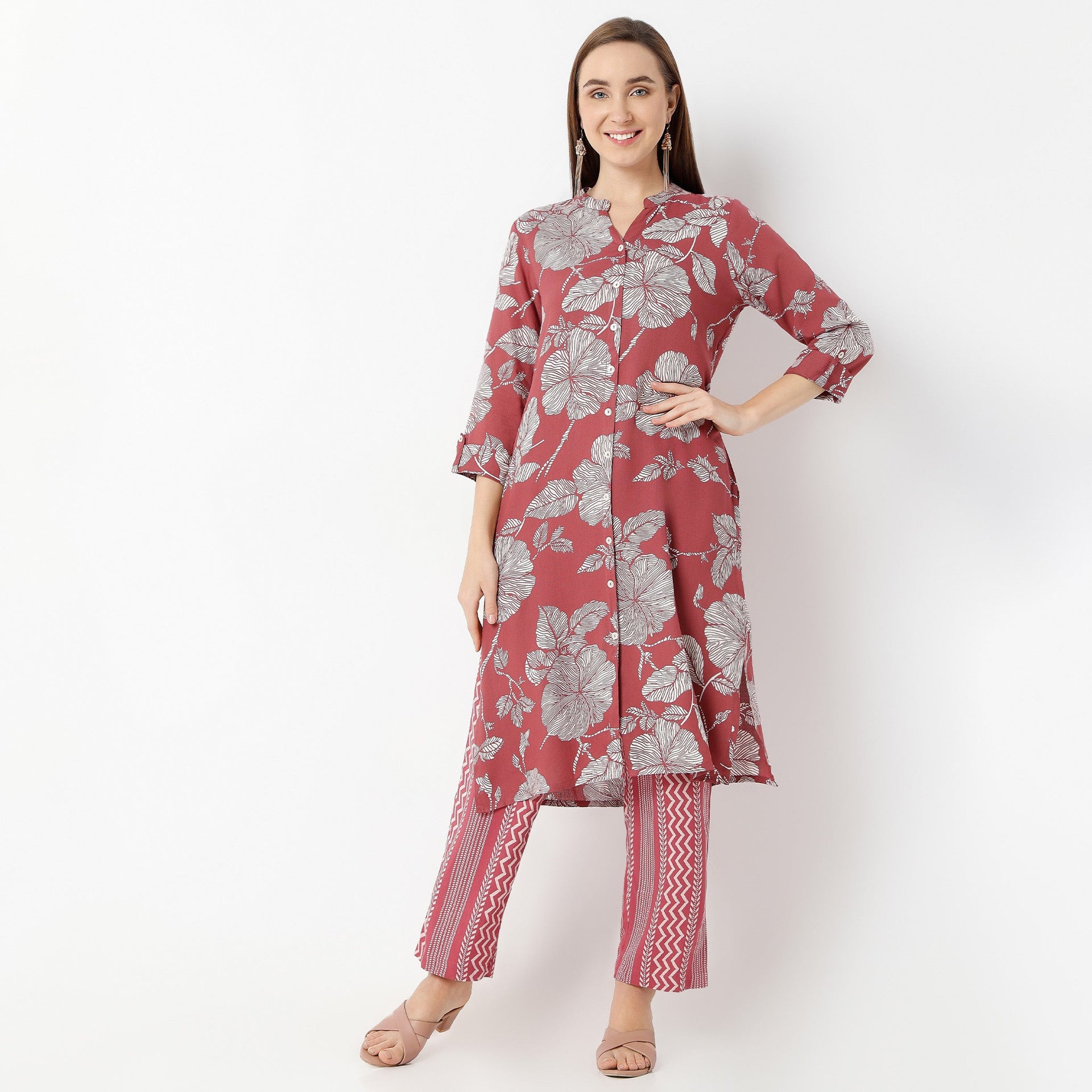 Band Collar Calf Length Three-Fourth Sleeve Straight Fit Printed Kurta