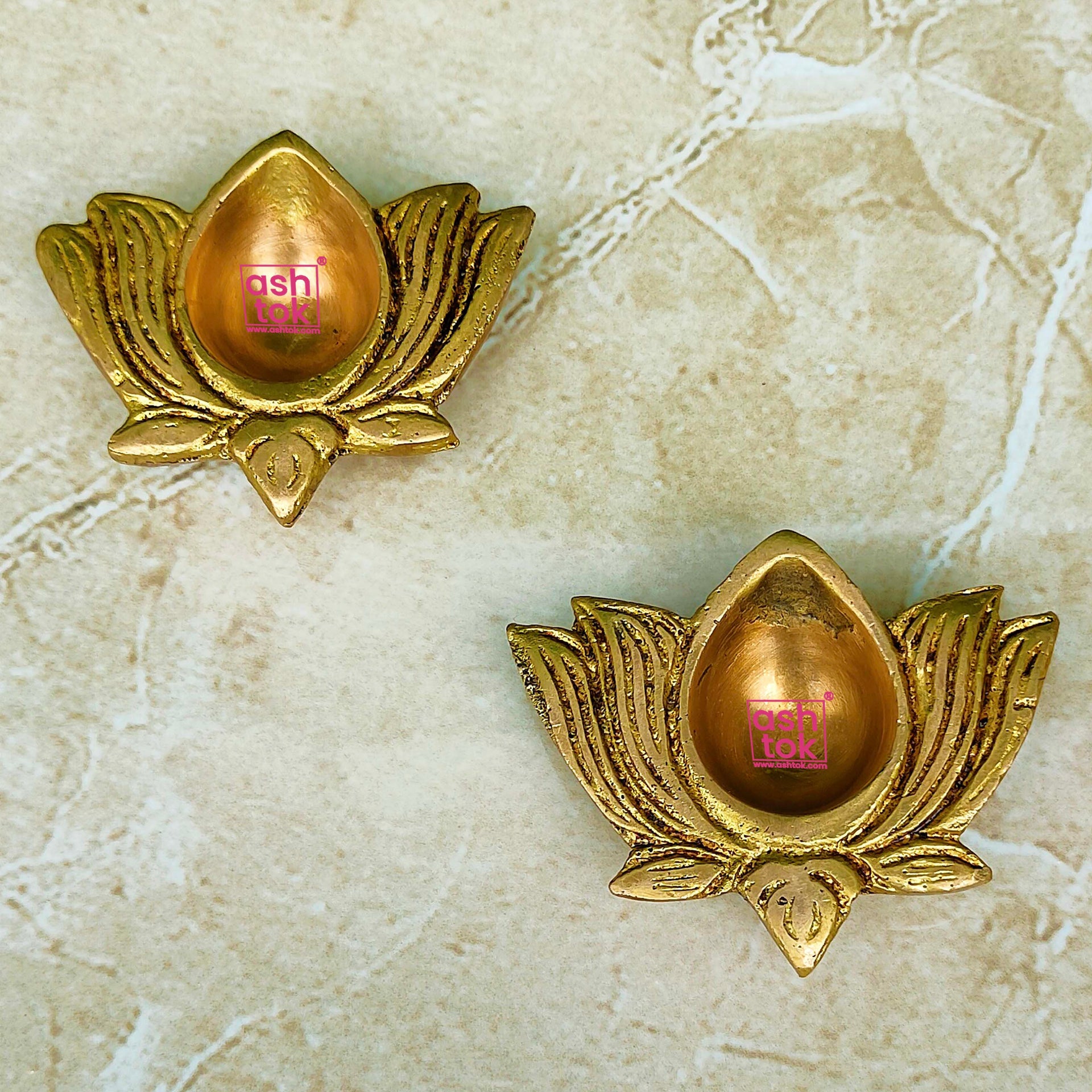 Antic Brass Lotus Design Diya | Brass Puja Diya Set of 2