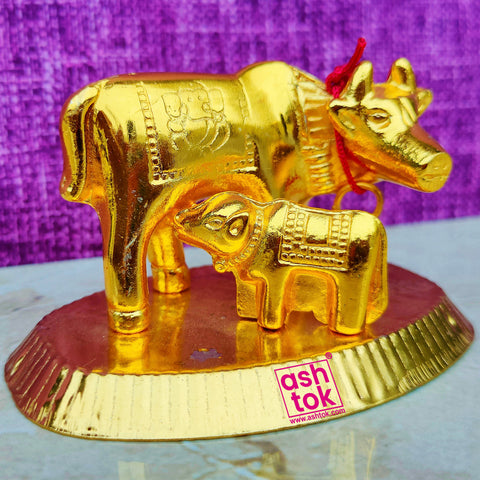 Kamdhenu Cow for puja Room, Cow Calf Idol (Dia 4 Inches)