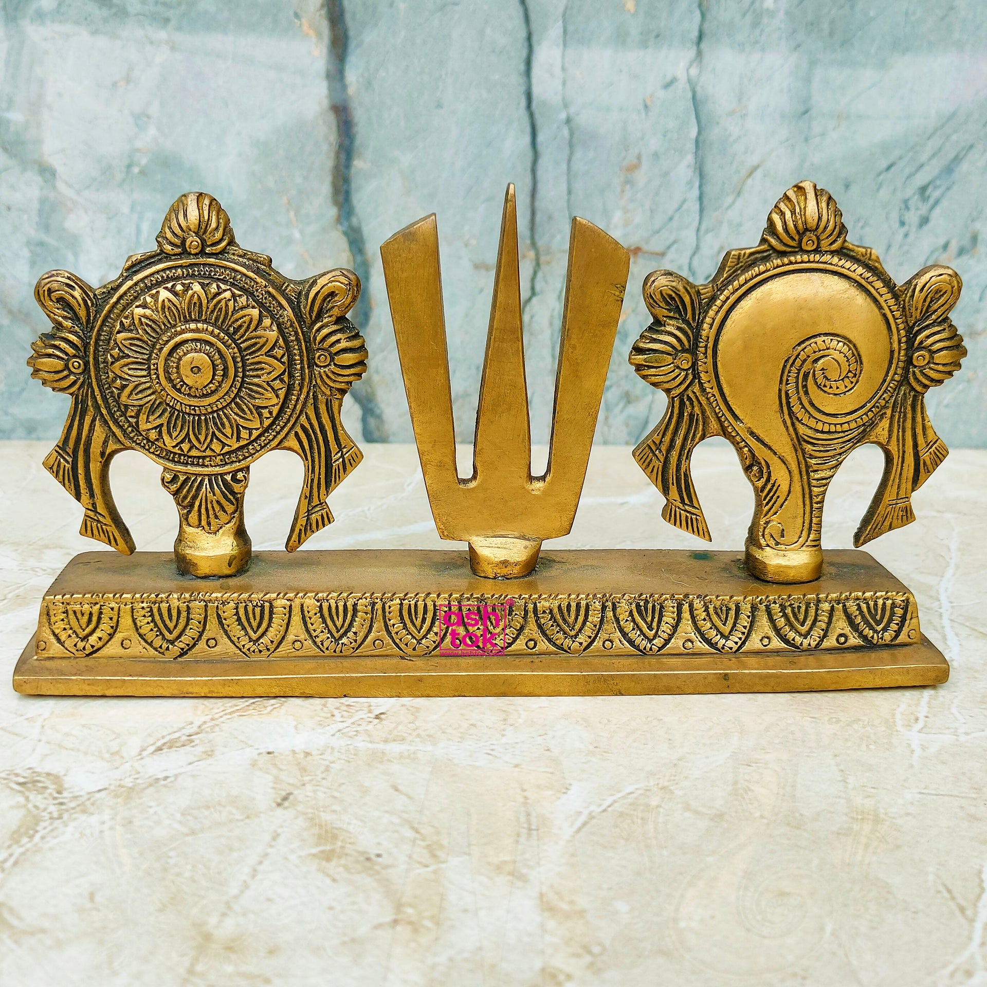 Brass Shanku Chakra Naama Stand, Antic Shanku Naamam, Decorative Showpiece