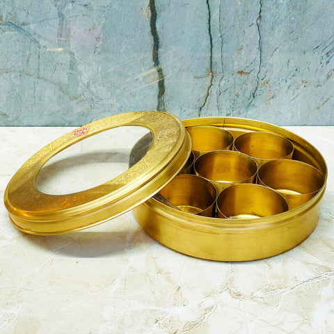 Brass Masala Box with Glass Lid, Brass Spice Box Set For Kitchen, Storage Box With 7 Cup Bowls