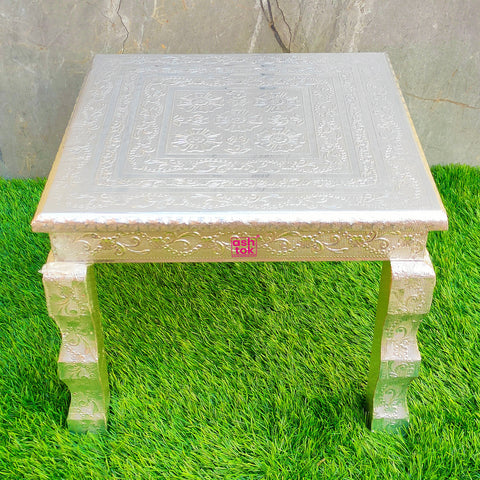 Silver Coated Wooden Chowki Stool, Puja Chowki For Rent