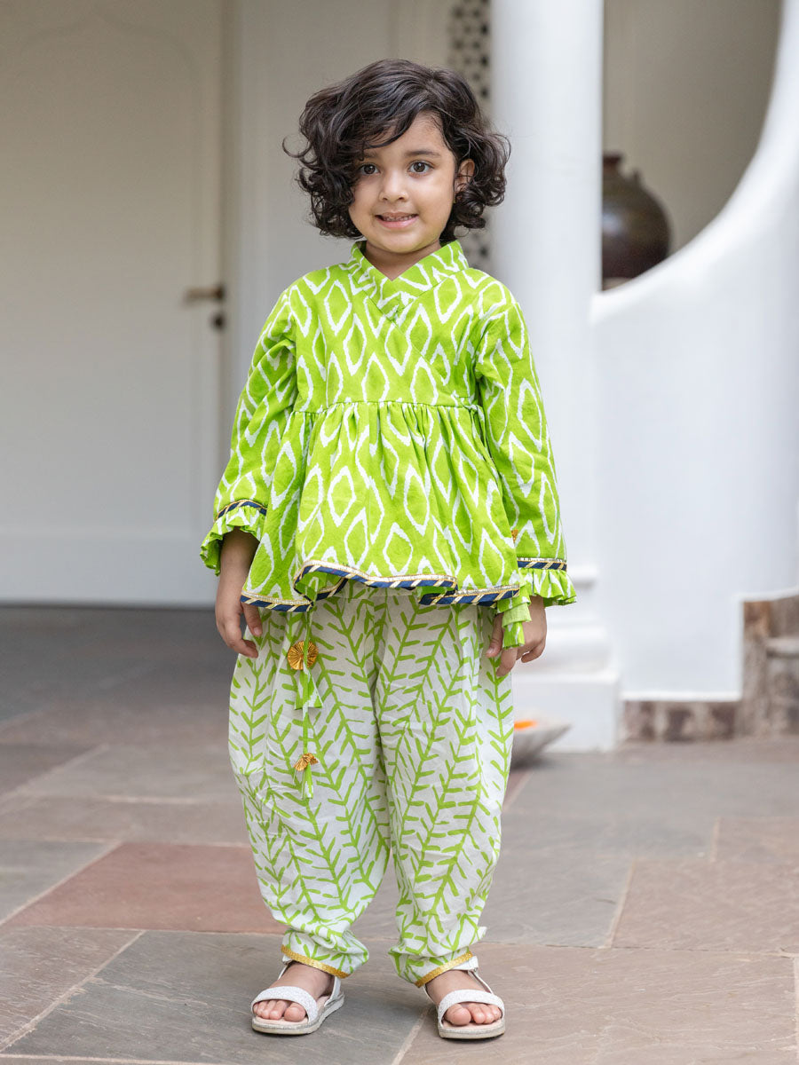 Set of 2 - Rose Block Printed Cotton Angrakha with Dhoti