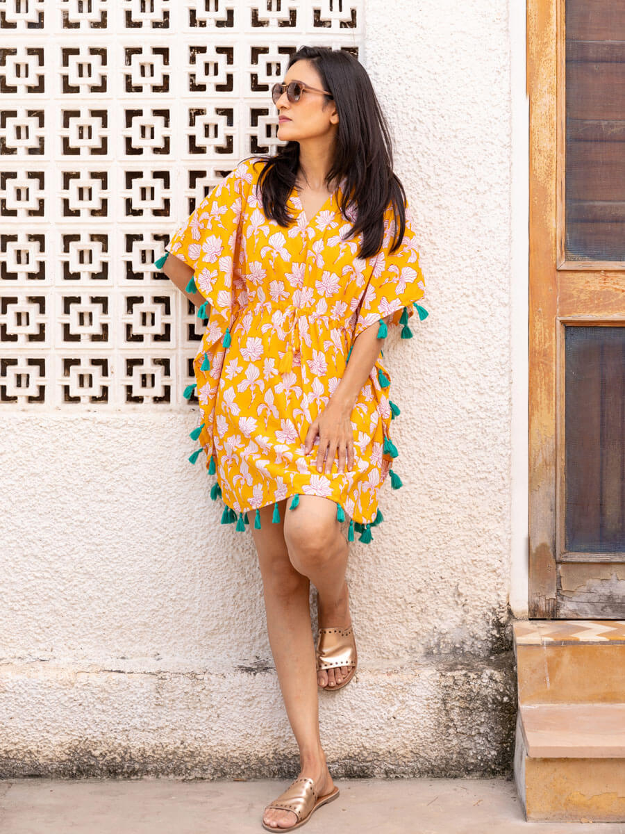 Meher Yellow Hand Block Printed Short Kaftan