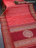Pure kanjivaram silk saree peach red and maroon with floral thread woven buttas and long thread woven border