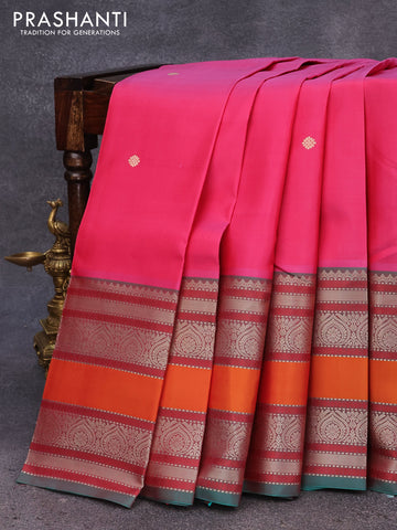 Pure kanjivaram silk saree pink and dual shade of green with thread woven buttas and long rettapet thread woven border