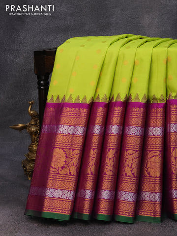 Pure gadwal silk saree lime green and purple with allover zari woven buttas and long zari woven border