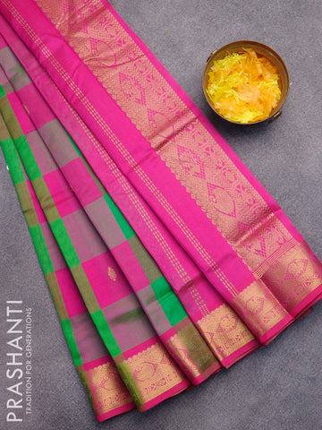 Silk cotton saree light green and pink with allover paalum pazhamum checked pattern & zari buttas and zari woven border