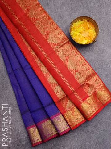 Silk cotton saree blue and red with allover vairaosi pattern and zari woven border