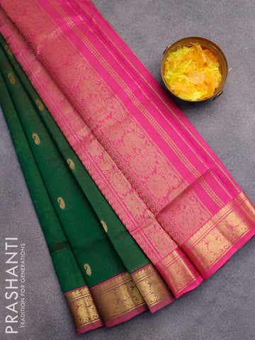 Silk cotton saree green and pink with silver zari woven buttas in borderless style