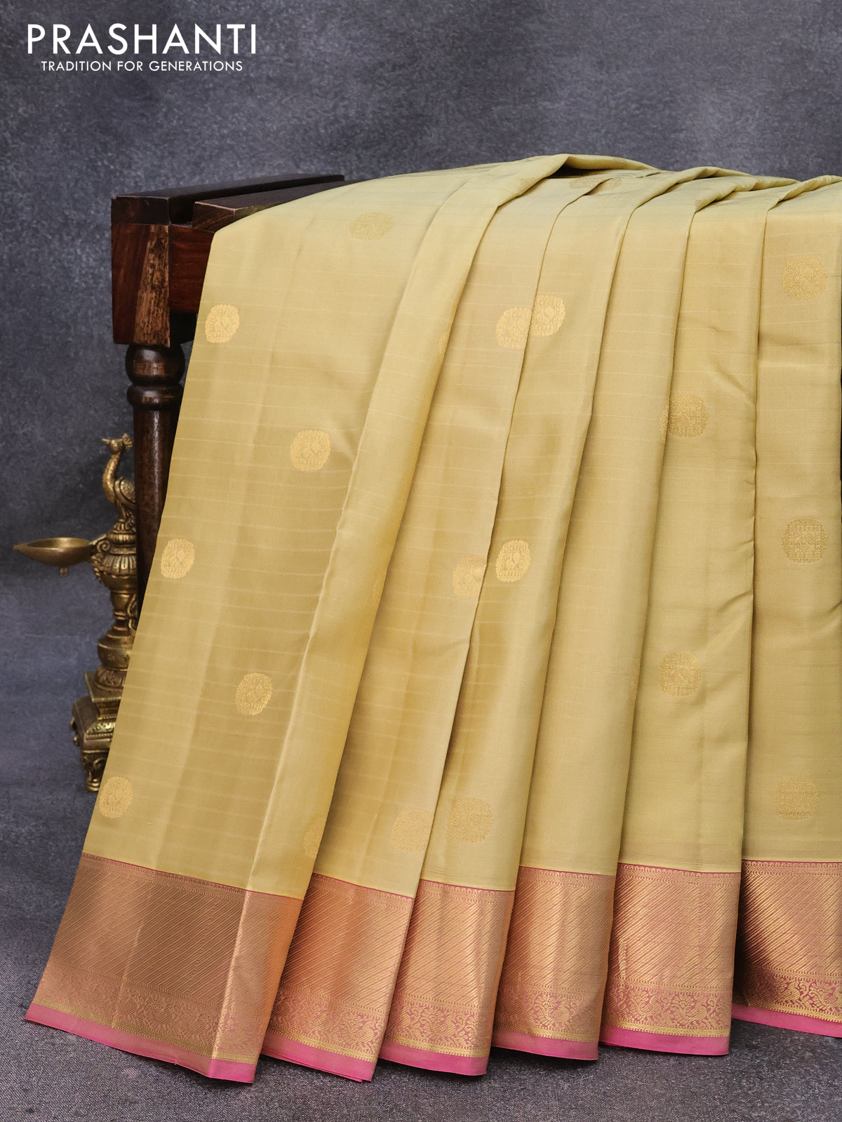 Pure kanjivaram silk saree pale yellow shade and pink with zari woven buttas and zari woven border