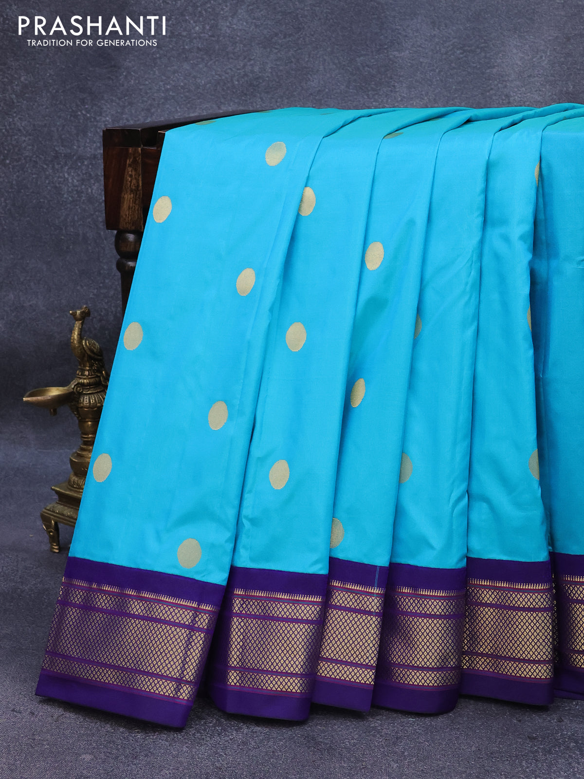 Pure paithani silk saree teal blue and blue with zari woven coin buttas and rich zari border & paithani pallu